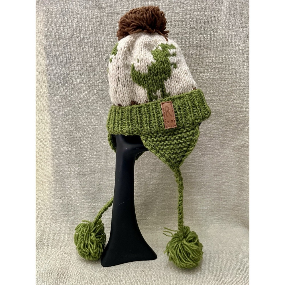 Toddler Medium Knitted Dinosaur Earflap Wool Fleece Hat Green Brown Cream Beanie